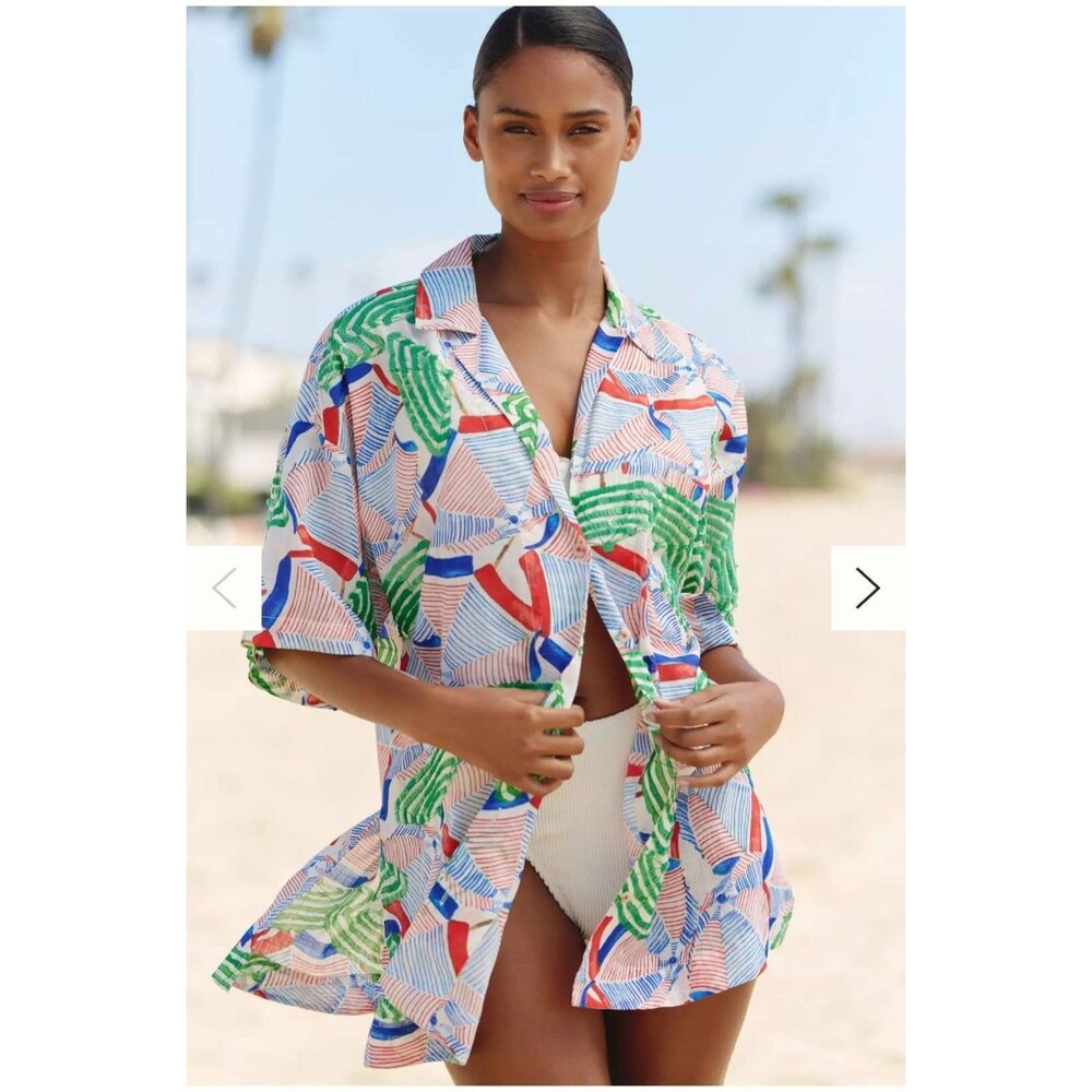 Anthropologie Beach Coverup Size M Umbrella Print Sequin Button Down Resortwear